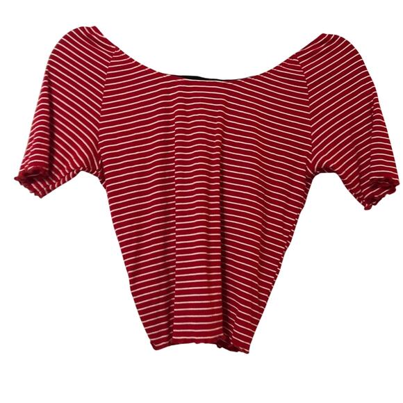 Lulus Red White Striped Cropped Short Sleeve Tee Womens XS Ruched Girly Ruffled - Picture 5 of 7
